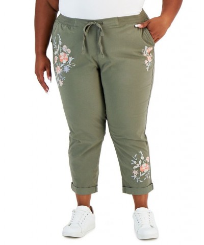 Plus Size Floral Embroidered Pants Olive $19.23 Pants