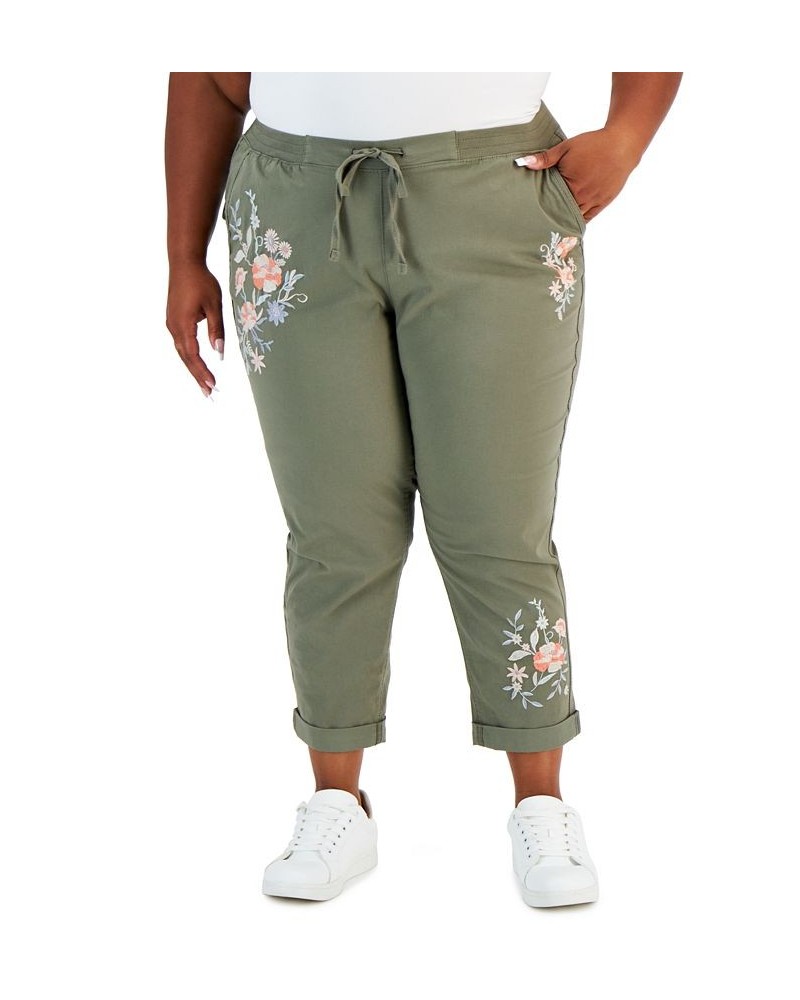 Plus Size Floral Embroidered Pants Olive $19.23 Pants