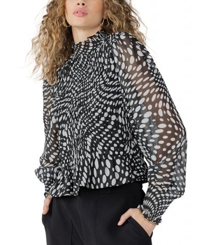 Women's Printed Smocked Mock-Neck Illusion Top Black $29.43 Tops