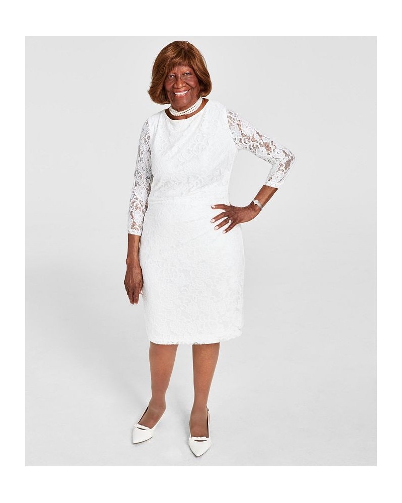 Plus Size Laurissa Lace Side-Pleated 3/4-Sleeve Dress White $32.63 Dresses