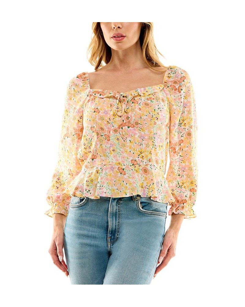 Juniors' Floral-Print Square-Neck 3/4-Sleeve Peplum Top Pat E $22.54 Tops