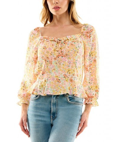 Juniors' Floral-Print Square-Neck 3/4-Sleeve Peplum Top Pat E $22.54 Tops