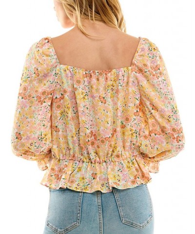 Juniors' Floral-Print Square-Neck 3/4-Sleeve Peplum Top Pat E $22.54 Tops