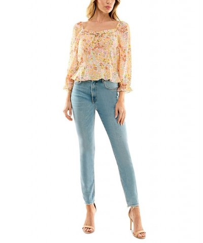 Juniors' Floral-Print Square-Neck 3/4-Sleeve Peplum Top Pat E $22.54 Tops