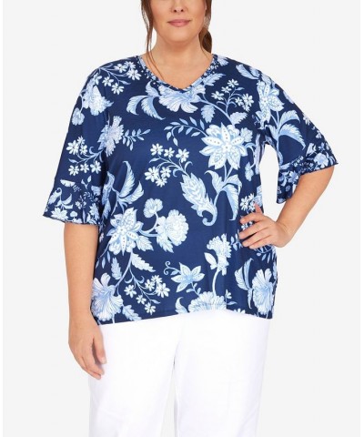 Plus Size Mixed Batik Floral Top Navy $40.43 Tops