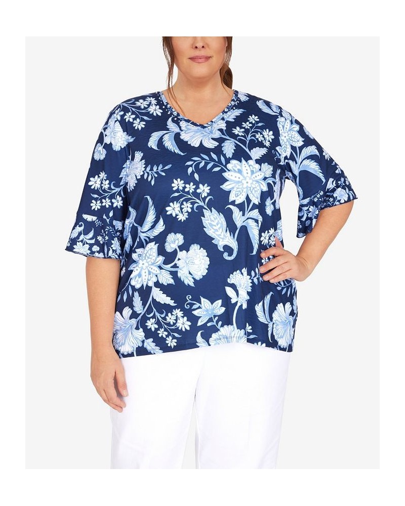 Plus Size Mixed Batik Floral Top Navy $40.43 Tops