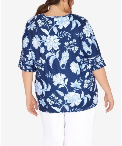 Plus Size Mixed Batik Floral Top Navy $40.43 Tops