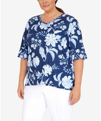 Plus Size Mixed Batik Floral Top Navy $40.43 Tops