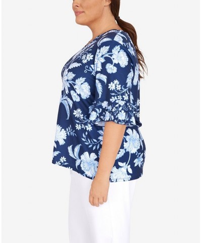 Plus Size Mixed Batik Floral Top Navy $40.43 Tops