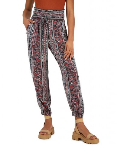 Juniors' Printed Smocked-Waist Jogger Pants Rust/ivory $15.12 Pants