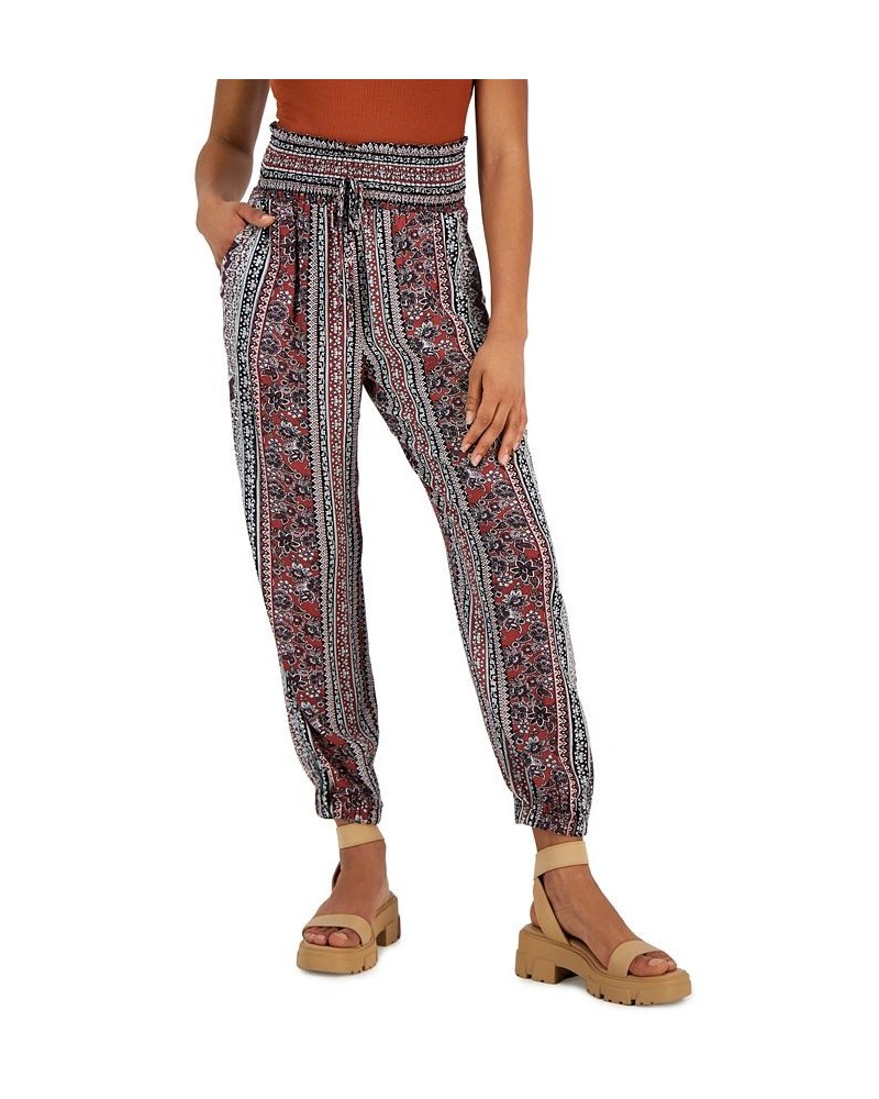 Juniors' Printed Smocked-Waist Jogger Pants Rust/ivory $15.12 Pants