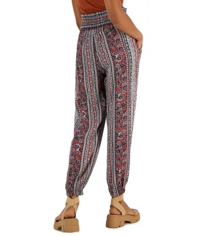 Juniors' Printed Smocked-Waist Jogger Pants Rust/ivory $15.12 Pants