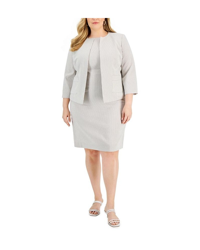 Plus Size Striped Open-Front Sheath Dress Suit Brown $85.00 Suits