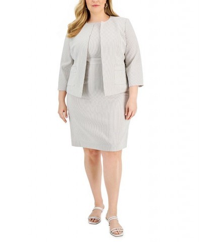 Plus Size Striped Open-Front Sheath Dress Suit Brown $85.00 Suits