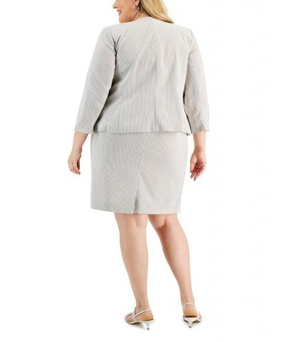 Plus Size Striped Open-Front Sheath Dress Suit Brown $85.00 Suits