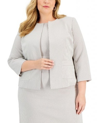 Plus Size Striped Open-Front Sheath Dress Suit Brown $85.00 Suits