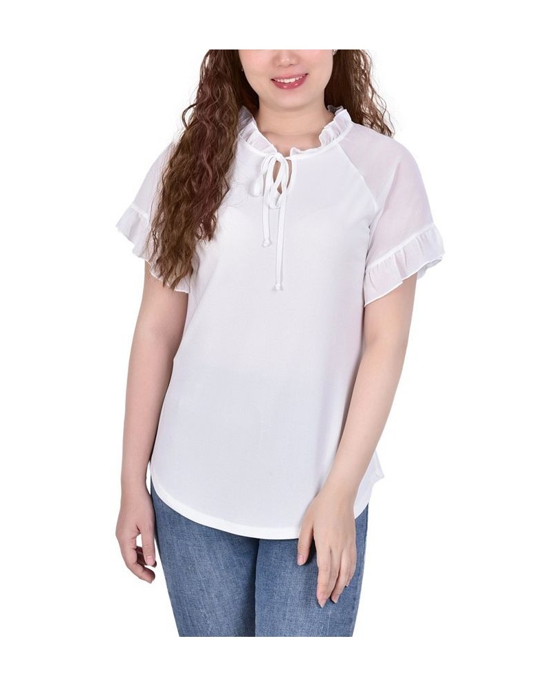 Petite Chiffon Short Ruffled Sleeve Crepe Knit Top White $13.95 Tops