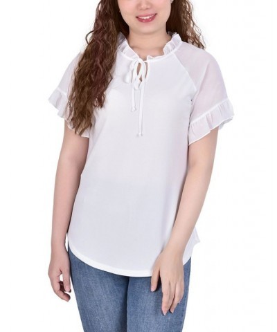 Petite Chiffon Short Ruffled Sleeve Crepe Knit Top White $13.95 Tops