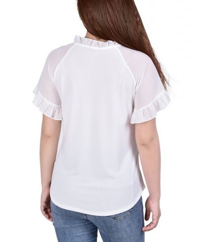 Petite Chiffon Short Ruffled Sleeve Crepe Knit Top White $13.95 Tops