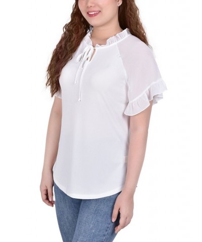 Petite Chiffon Short Ruffled Sleeve Crepe Knit Top White $13.95 Tops