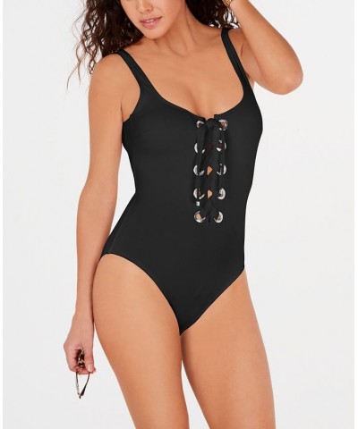 Lace-Up One-Piece Swimsuit Black $62.56 Swimsuits