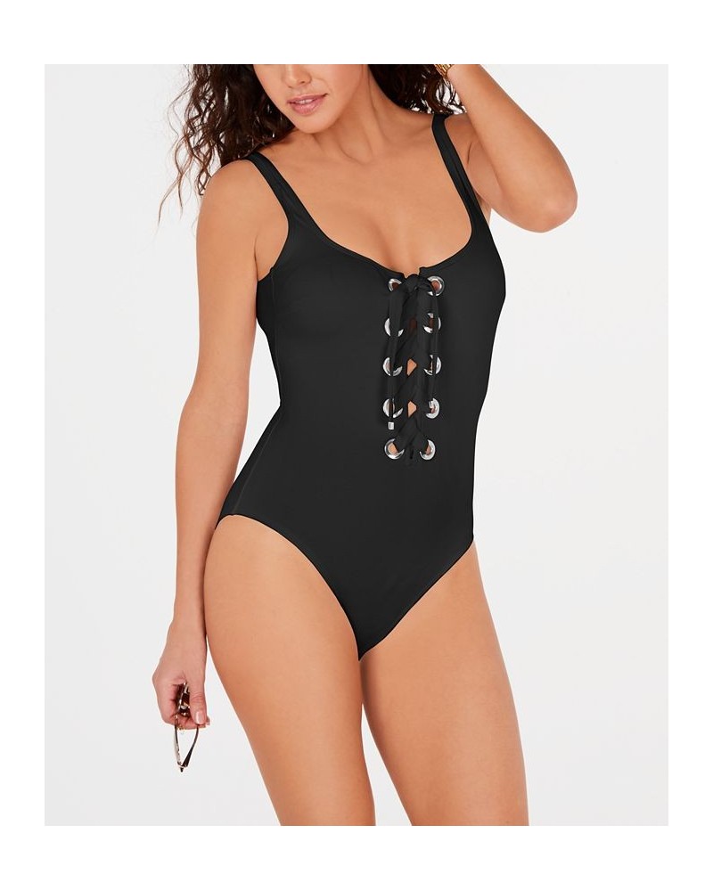 Lace-Up One-Piece Swimsuit Black $62.56 Swimsuits