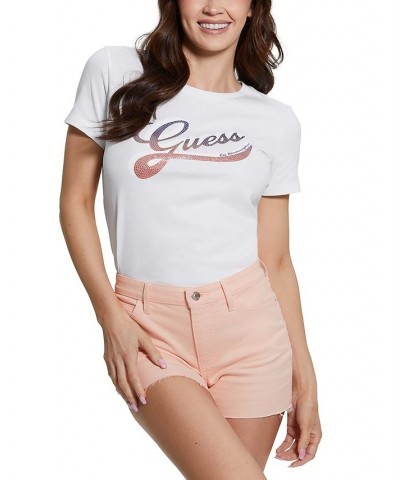 Women's Shaded Embellished Logo Cotton T-Shirt White $23.52 Tops