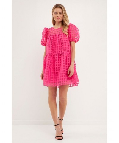 Women's Gridded Puff Sleeve Dress Pink $42.30 Dresses