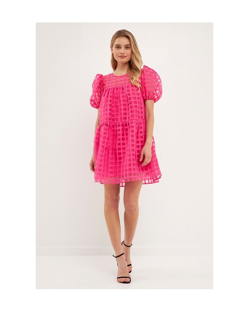 Women's Gridded Puff Sleeve Dress Pink $42.30 Dresses