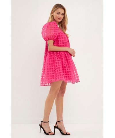 Women's Gridded Puff Sleeve Dress Pink $42.30 Dresses