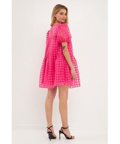 Women's Gridded Puff Sleeve Dress Pink $42.30 Dresses