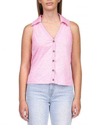 Women's Point Collar Button-Front Sleeveless Top Pink $33.92 Tops