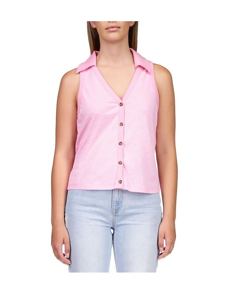 Women's Point Collar Button-Front Sleeveless Top Pink $33.92 Tops