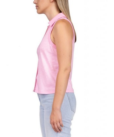 Women's Point Collar Button-Front Sleeveless Top Pink $33.92 Tops