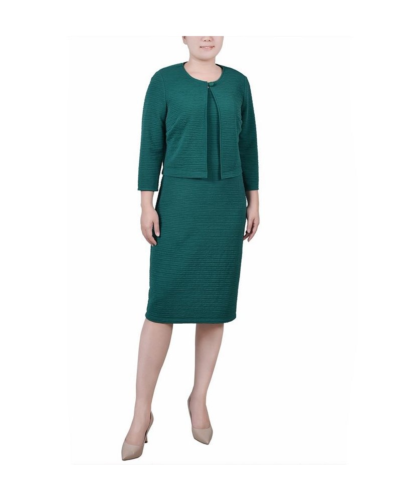 Petite Textured 3/4 Sleeve Two Piece Dress Set Green $12.71 Dresses