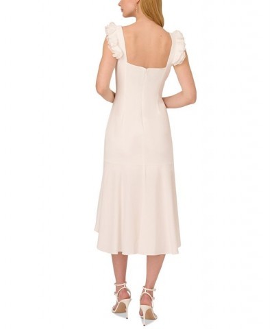 Women's Satin Crepe Ruffled Midi Dress Ivory $81.51 Dresses