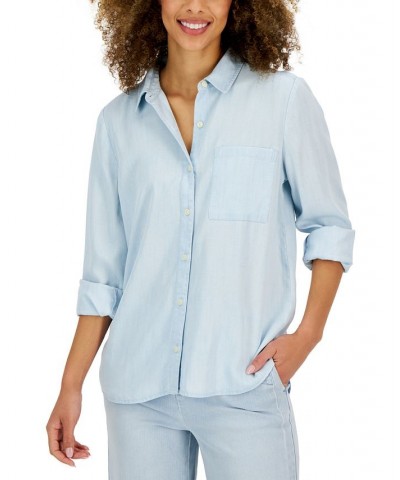 Women's Button-Up Perfect Long-Sleeve Shirt Blue $14.25 Tops