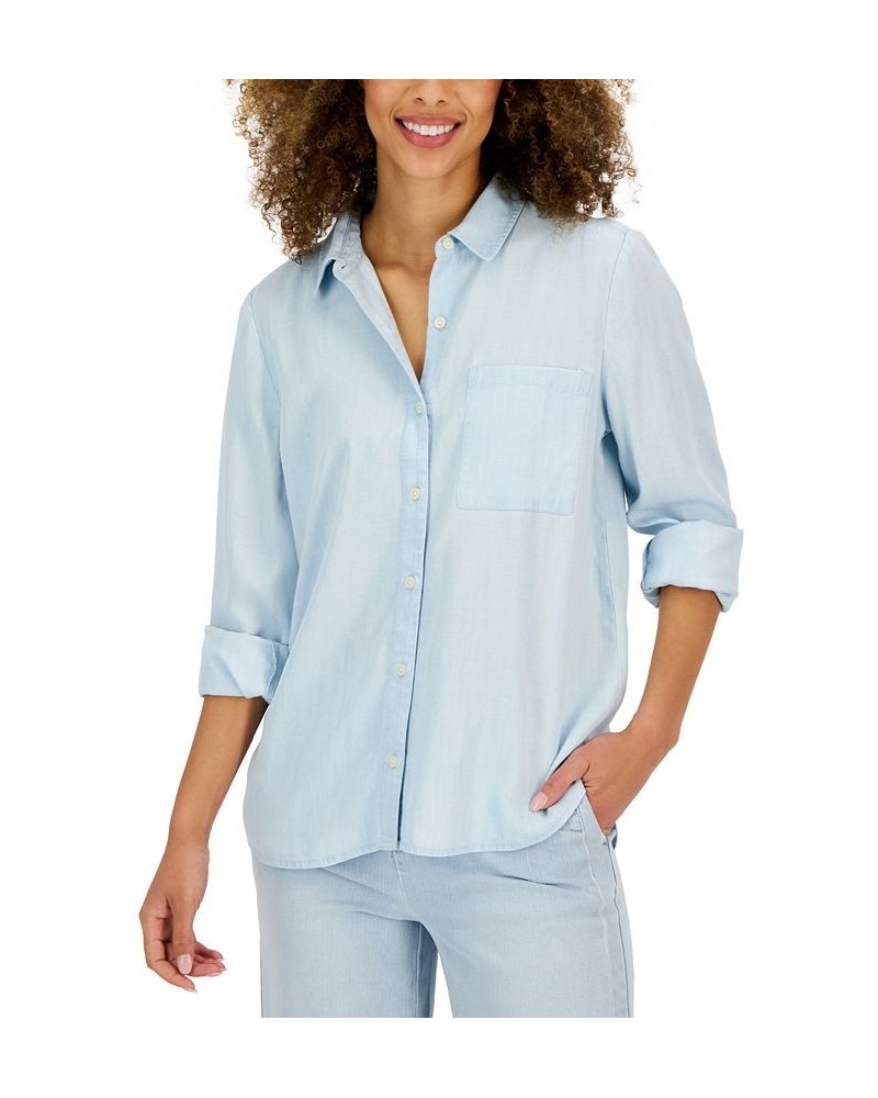 Women's Button-Up Perfect Long-Sleeve Shirt Blue $14.25 Tops