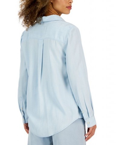 Women's Button-Up Perfect Long-Sleeve Shirt Blue $14.25 Tops