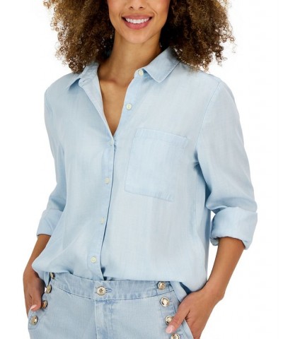 Women's Button-Up Perfect Long-Sleeve Shirt Blue $14.25 Tops