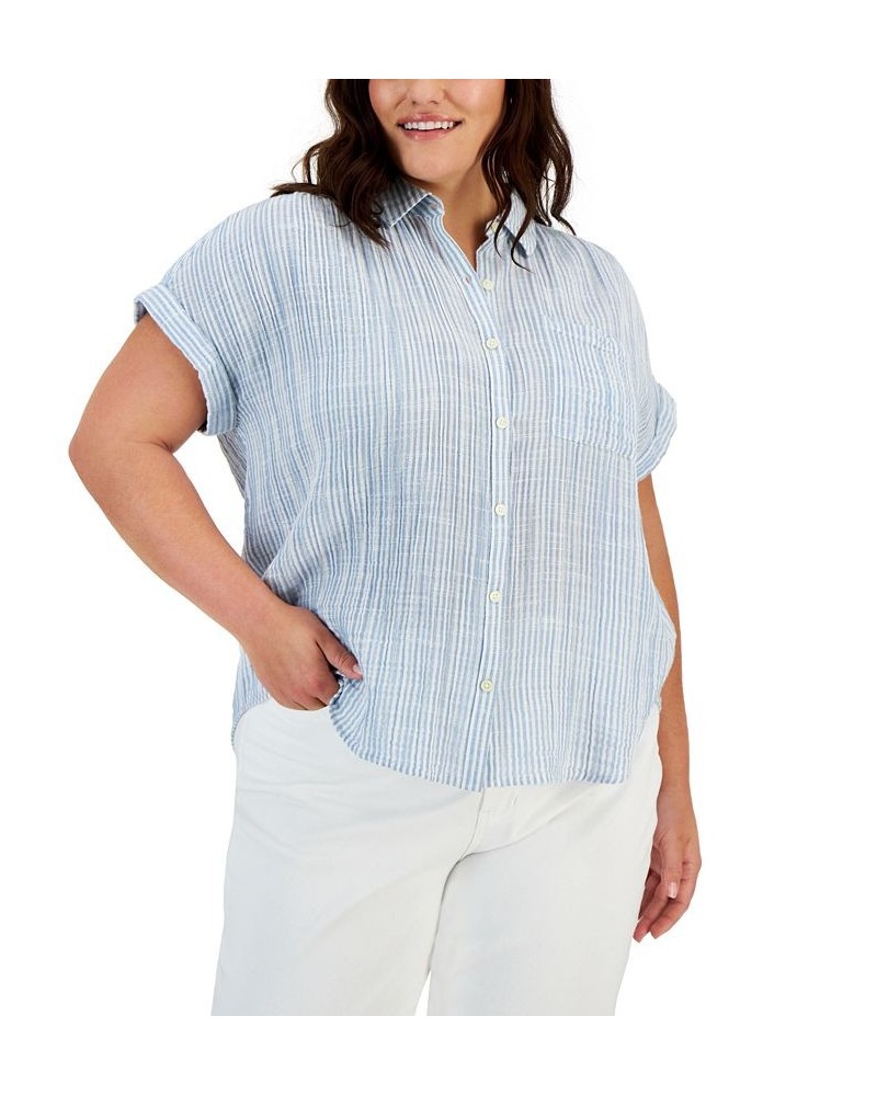 Plus Size Camp Shirt Mini Feeder Blue $13.11 Tops