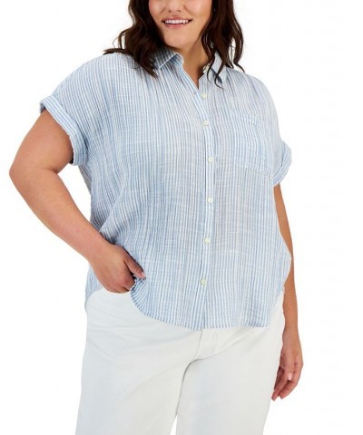 Plus Size Camp Shirt Mini Feeder Blue $13.11 Tops