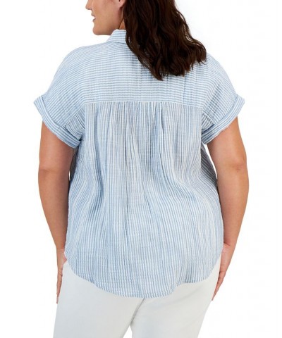 Plus Size Camp Shirt Mini Feeder Blue $13.11 Tops