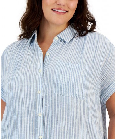 Plus Size Camp Shirt Mini Feeder Blue $13.11 Tops