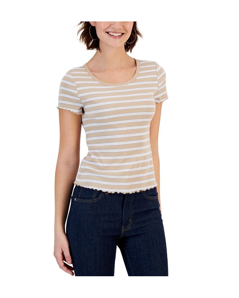 Juniors' Striped Lettuce-Edge Scoop-Neck Top Tan/Beige $11.39 Tops