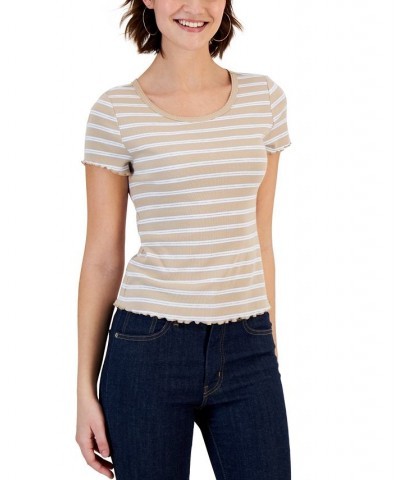 Juniors' Striped Lettuce-Edge Scoop-Neck Top Tan/Beige $11.39 Tops