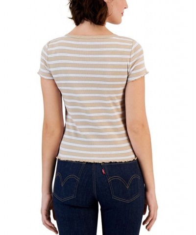 Juniors' Striped Lettuce-Edge Scoop-Neck Top Tan/Beige $11.39 Tops