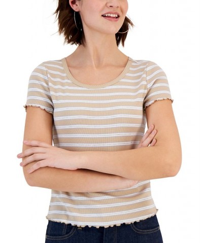 Juniors' Striped Lettuce-Edge Scoop-Neck Top Tan/Beige $11.39 Tops