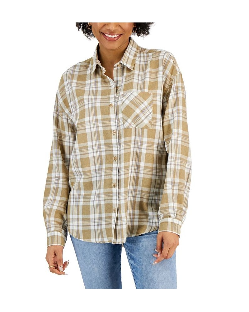 Juniors' Plaid-Print Button-Front Long-Sleeve Shirt Tan/Beige $15.59 Tops