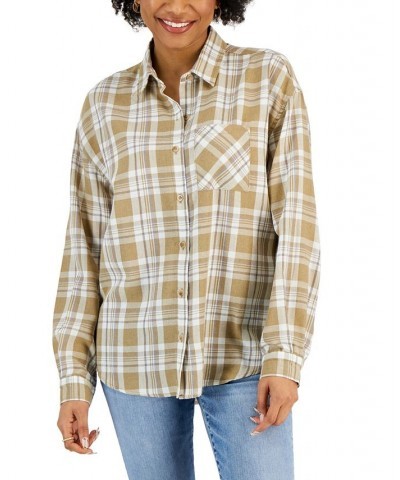 Juniors' Plaid-Print Button-Front Long-Sleeve Shirt Tan/Beige $15.59 Tops